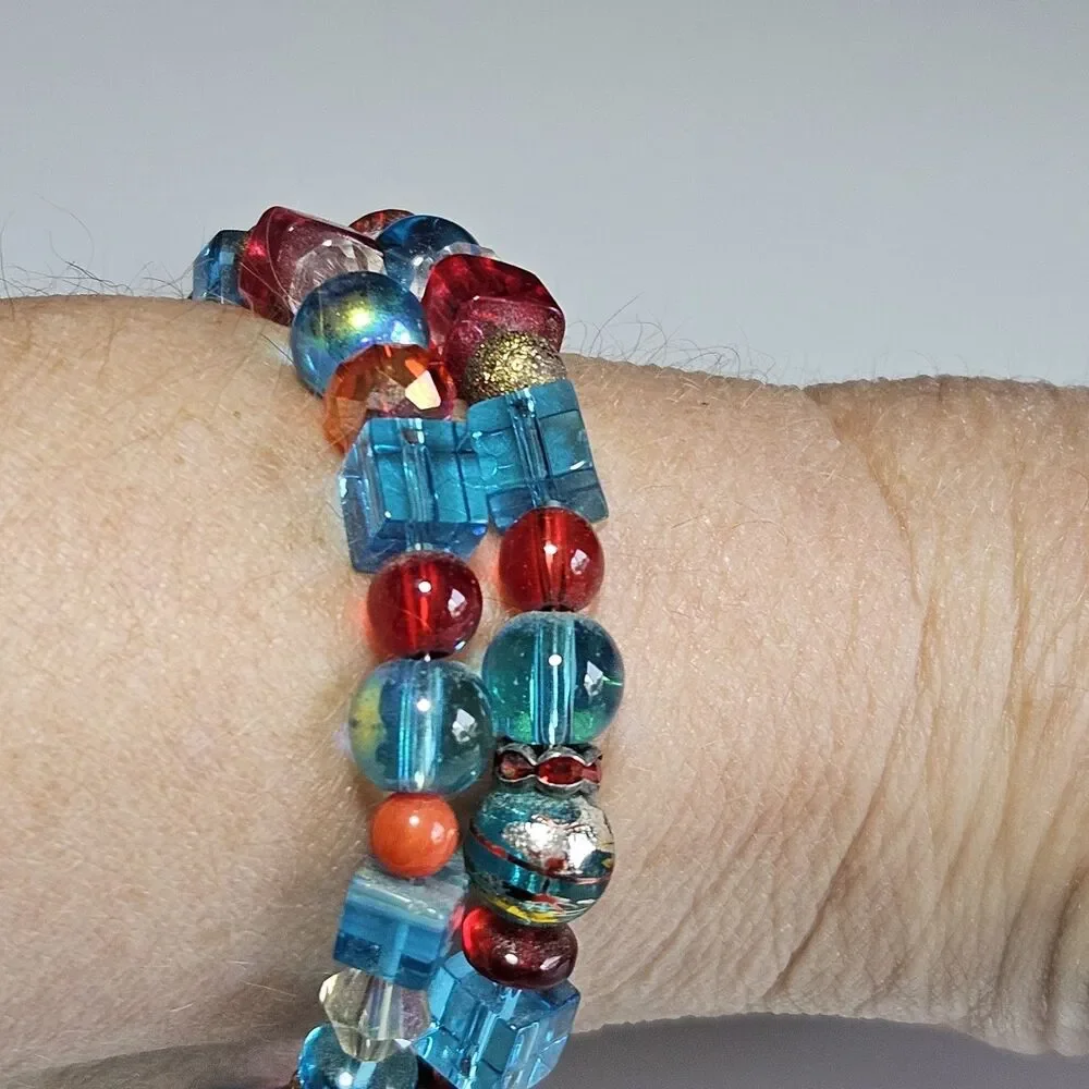 Blue Red Gold Tone Glass Beaded Wrap Bracelet